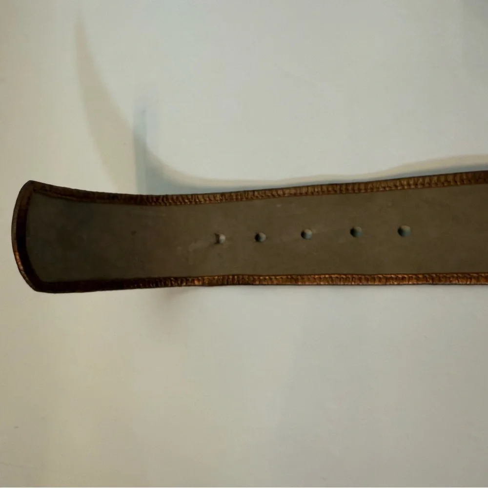 DUSTY BAKER BELT WIDE CREAM FABRIC SNAKESKIN METALLIC BRONZE GOLD SIZE M